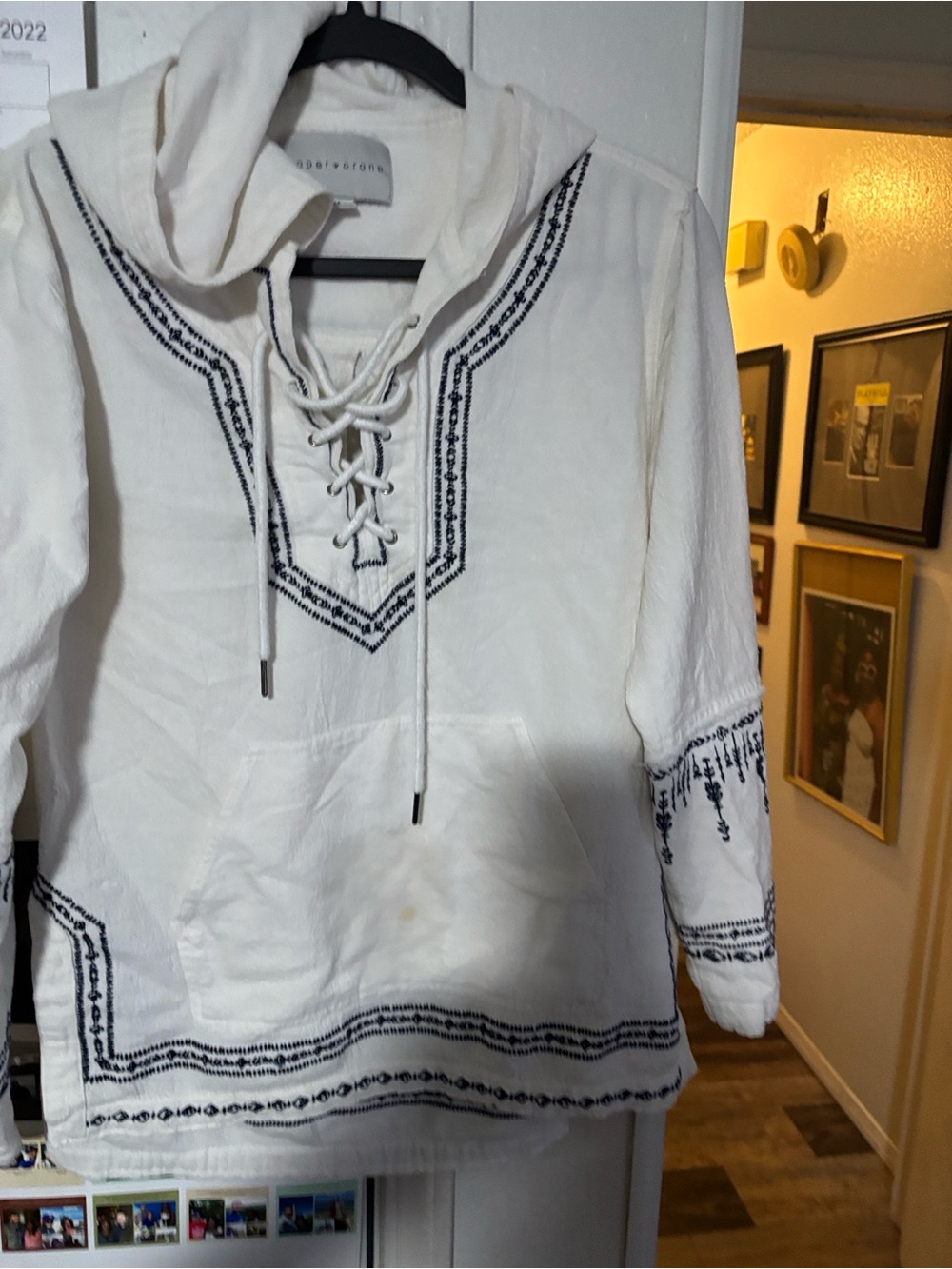 Paper Crane Cream Lace-Up Hoodie with Navy Embroidery